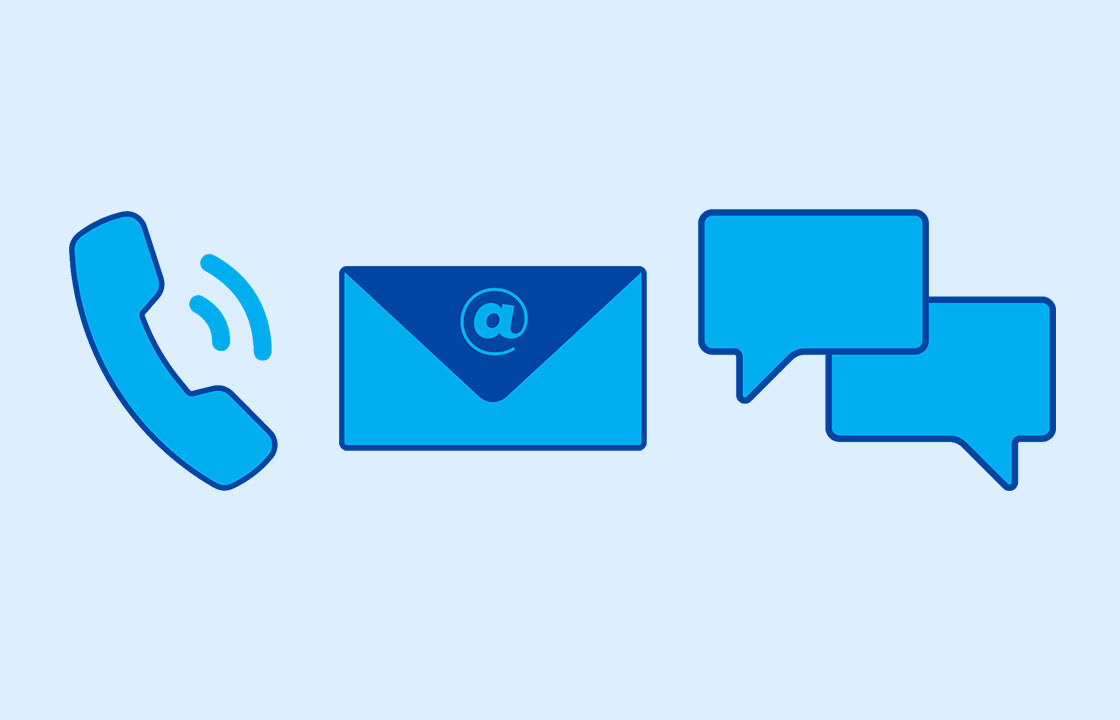icons of a landline phone, an envelope with an at symbol and two coversation bubbles