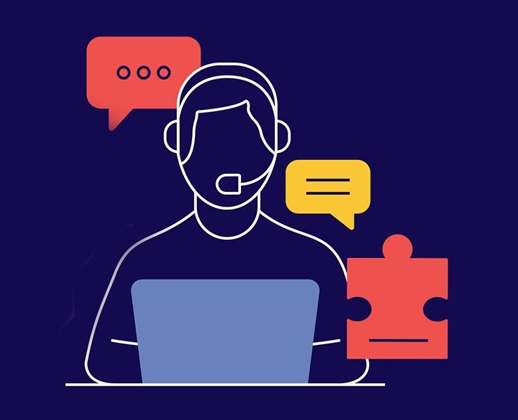 graphic of a person in front of a laptop with a headset on and floating puzzle pieces and conversation bubbles around